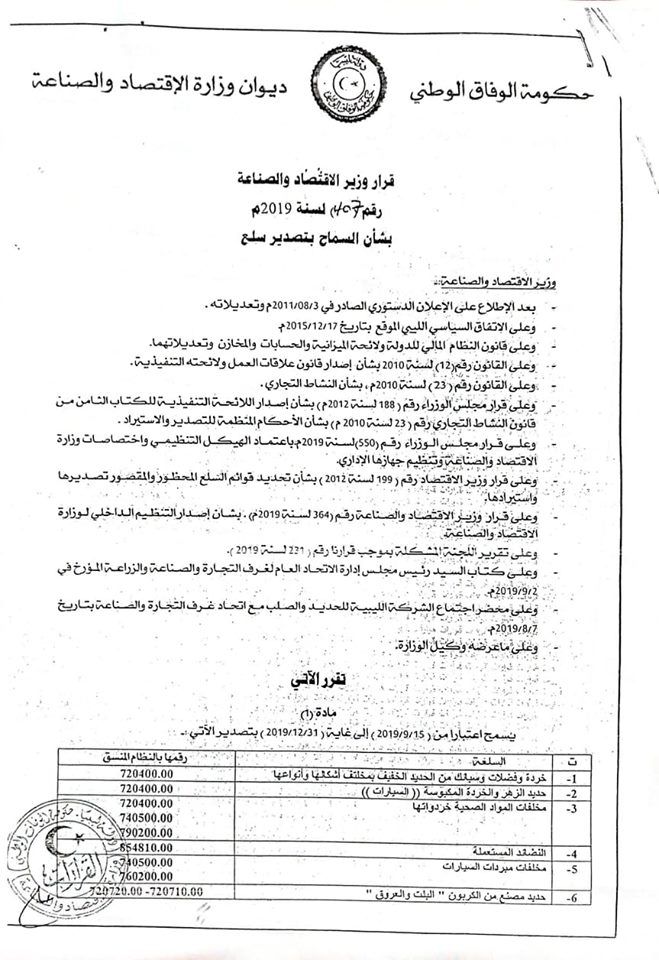 قرار وزير الاقتصاد والصناعة رقم (407) لسنة 2019 بشأن السماح بتصدير سلع